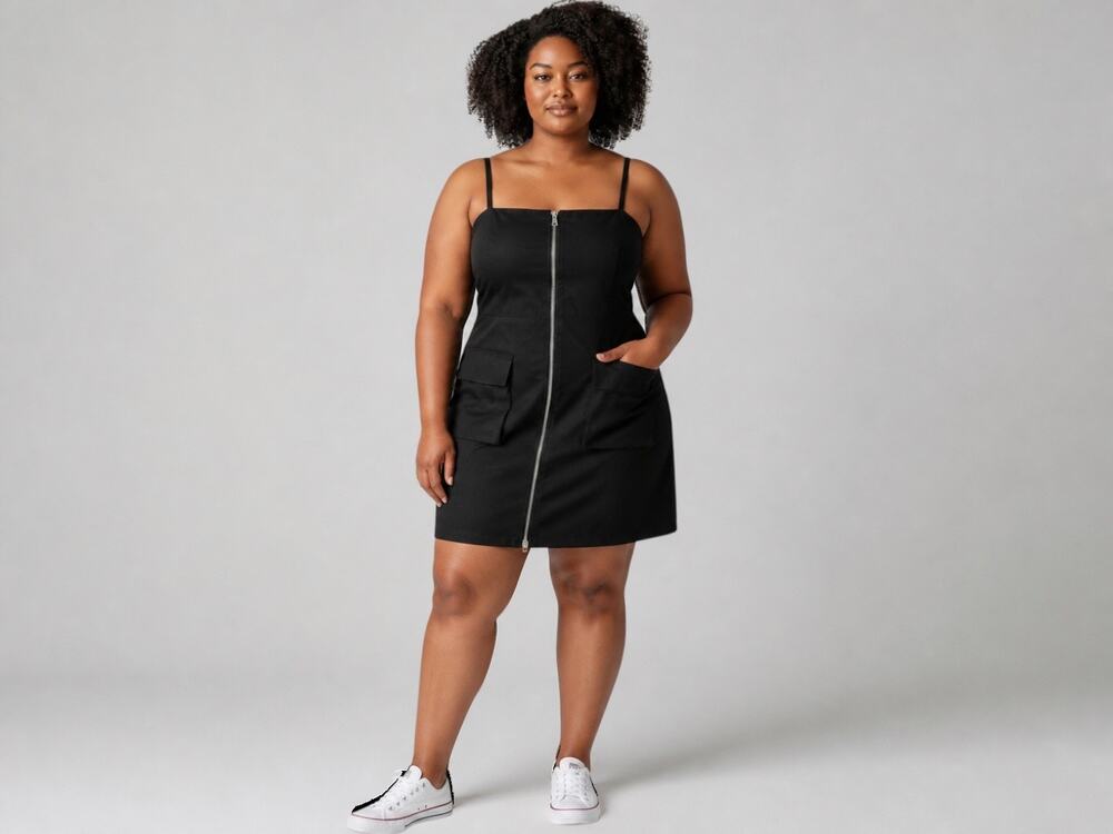 NWT 5X Good American Black Full Zip Utility Cargo Mini Overall Dress